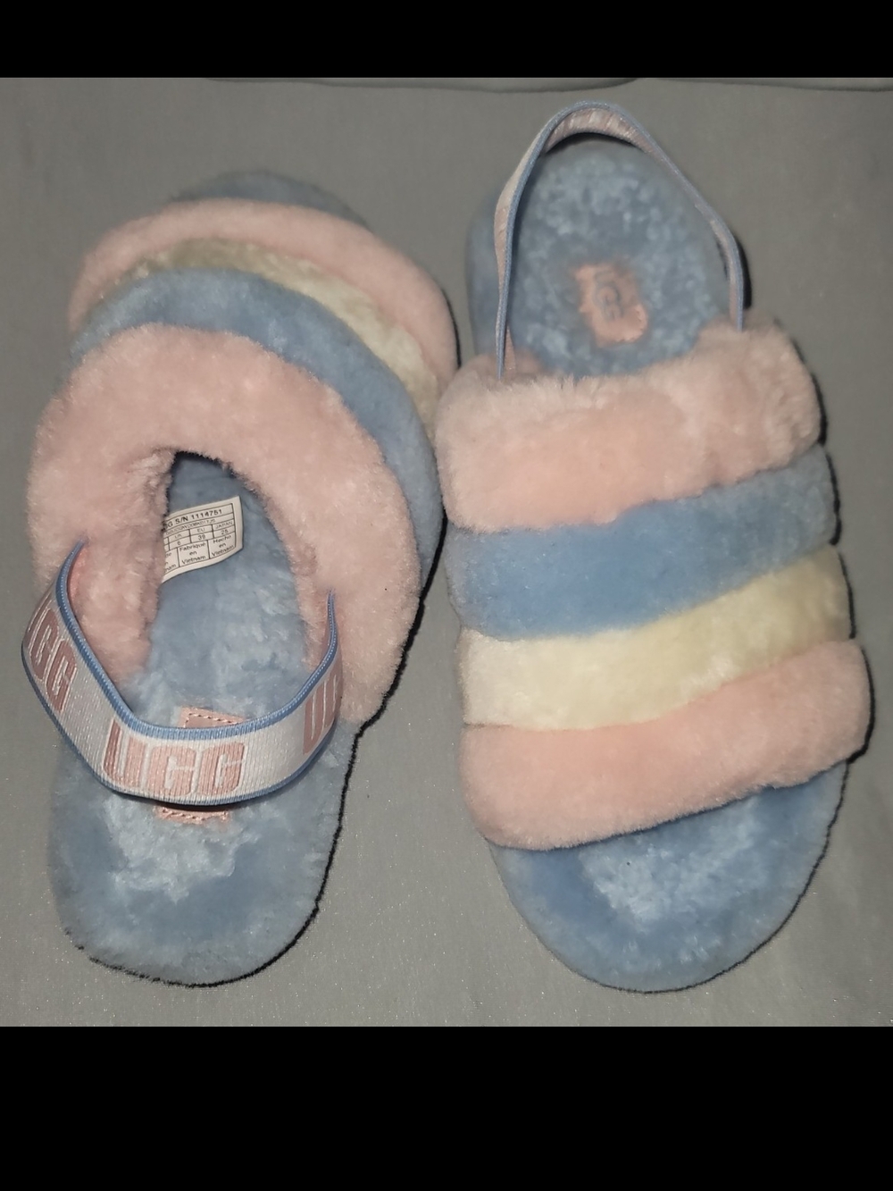 UGG Pastel Striped Fluff Slides - Pink, Blue, Cream